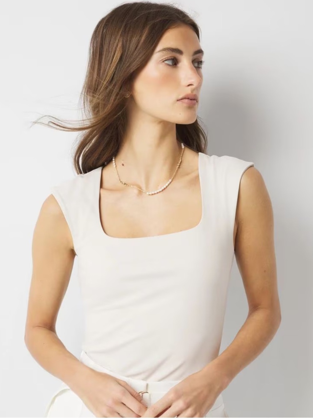 WHBM Pearl Dust Cream Square-Neck Cap Sleeve Tank